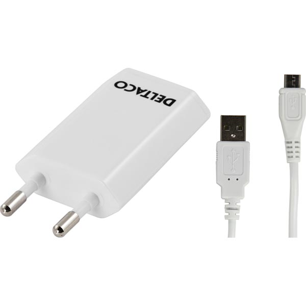 Deltaco USB laturi, USB A naaras ja Micro B uros, 1m, valkoinen